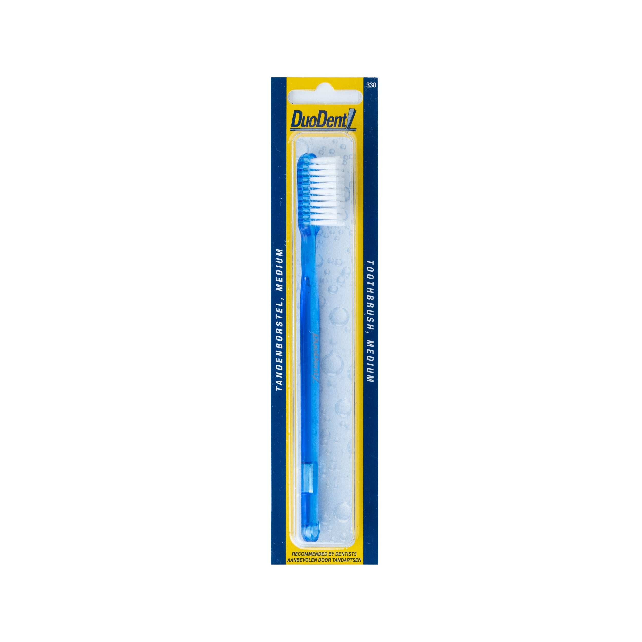 Medium Duodent Tandenborstel toothbrush with white and blue handle, designed for effective oral cleaning.