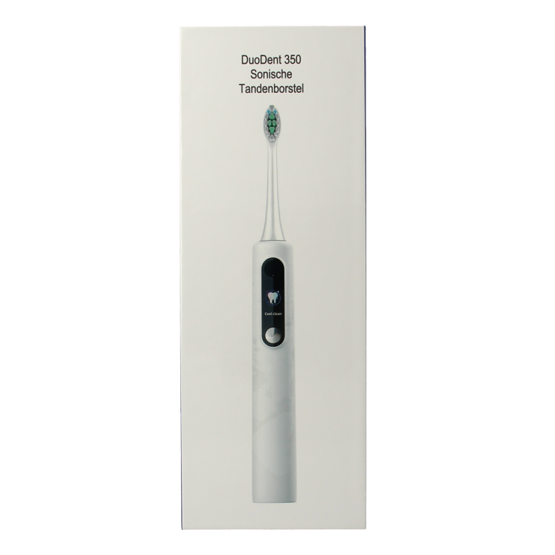 Duodent 350 Sonic electric toothbrush with digital display, close-up of the toothbrush head and sleek design.