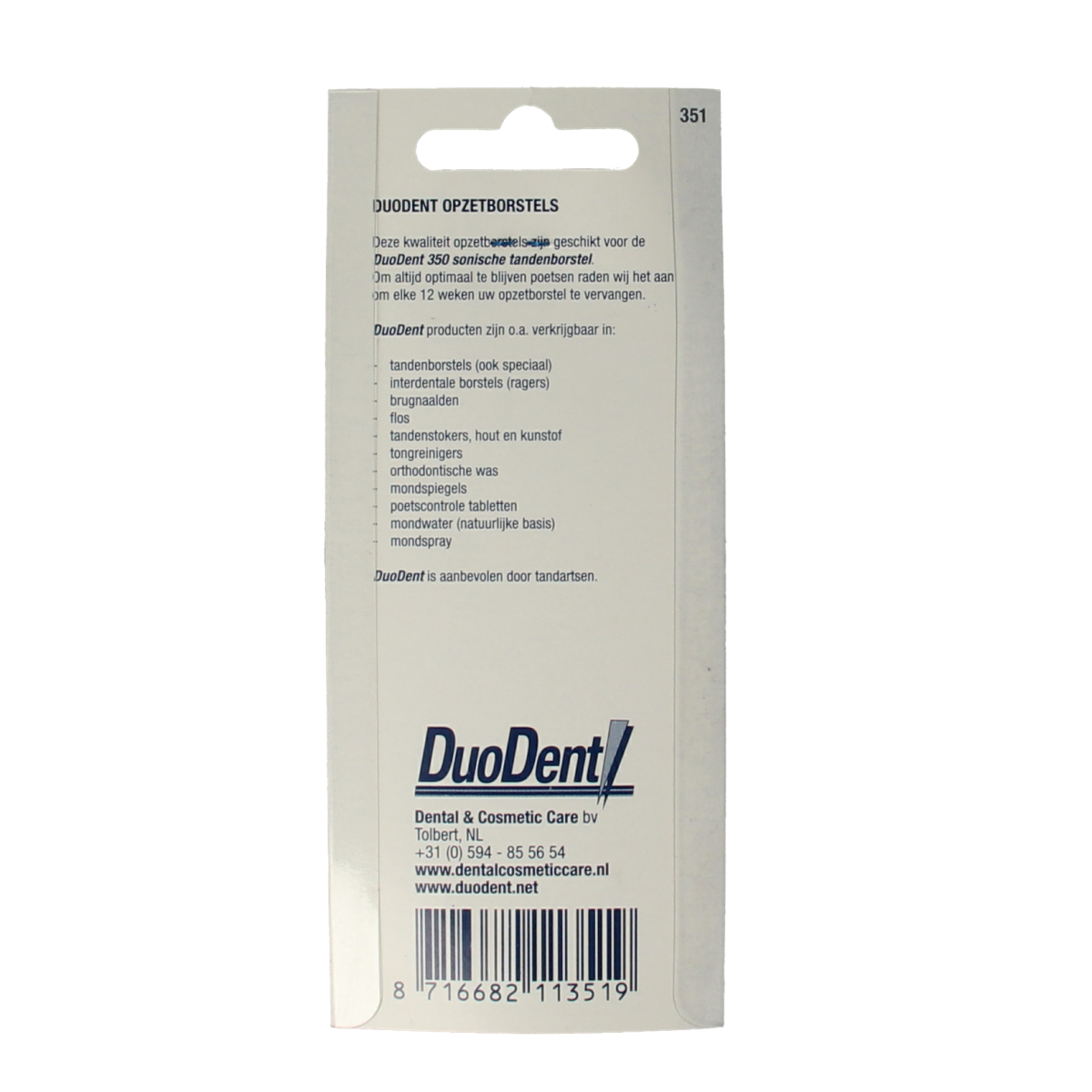 Duodent replacement opzetborstels for 350 sonisch tandenborstels, set of 3, with soft bristles and ergonomic design.