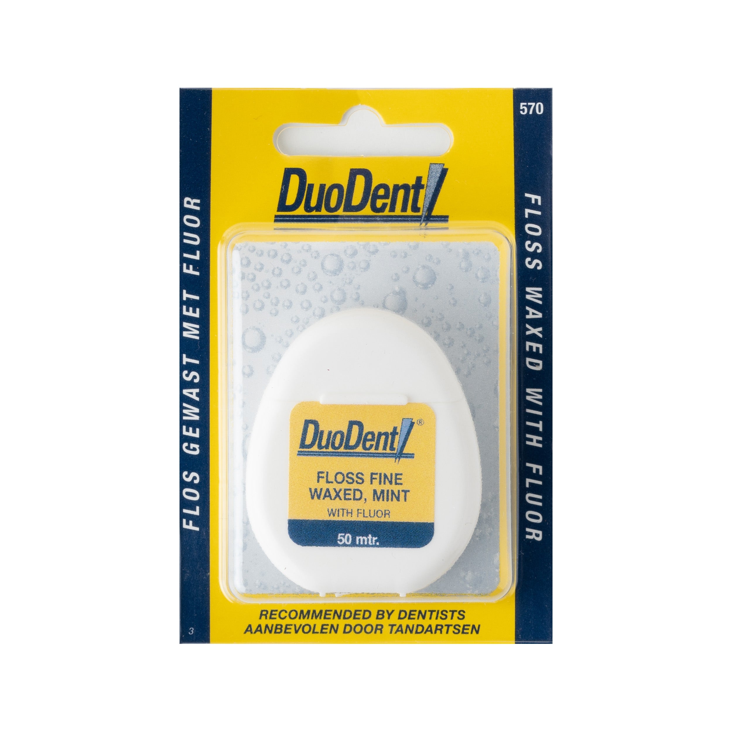 Duodent fine waxed dental floss 50 meters for oral hygiene and plaque control, displayed in a dental care setting