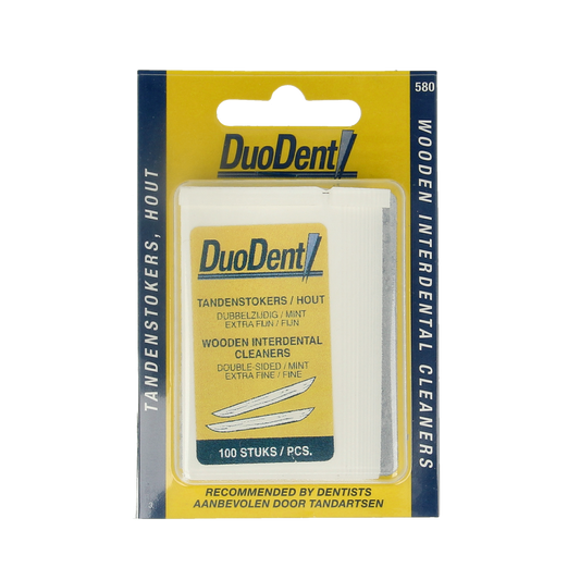 Duodent wooden double-sided dental floss picks, fine and extra fine, with 100 sticks for oral hygiene and interdental cleaning