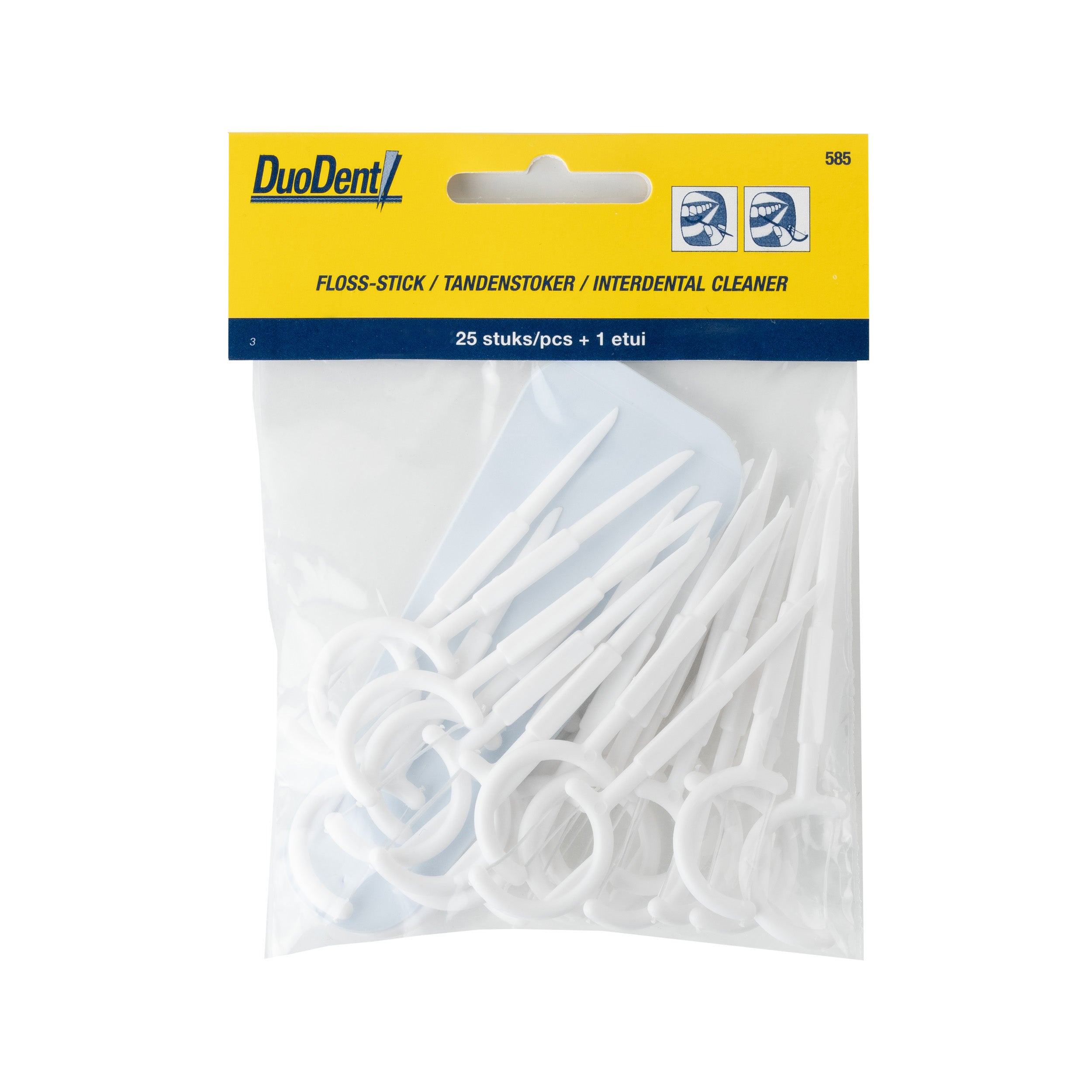 Duodent Floss stick pack with 25 dental floss sticks and ragers, ideal for effective interdental cleaning and oral hygiene.