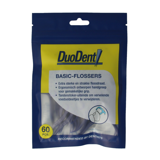 Duodent Basic flossers and toothpicks in a pack of 60, dental cleaning tools with ergonomic handles, for effective oral hygiene.