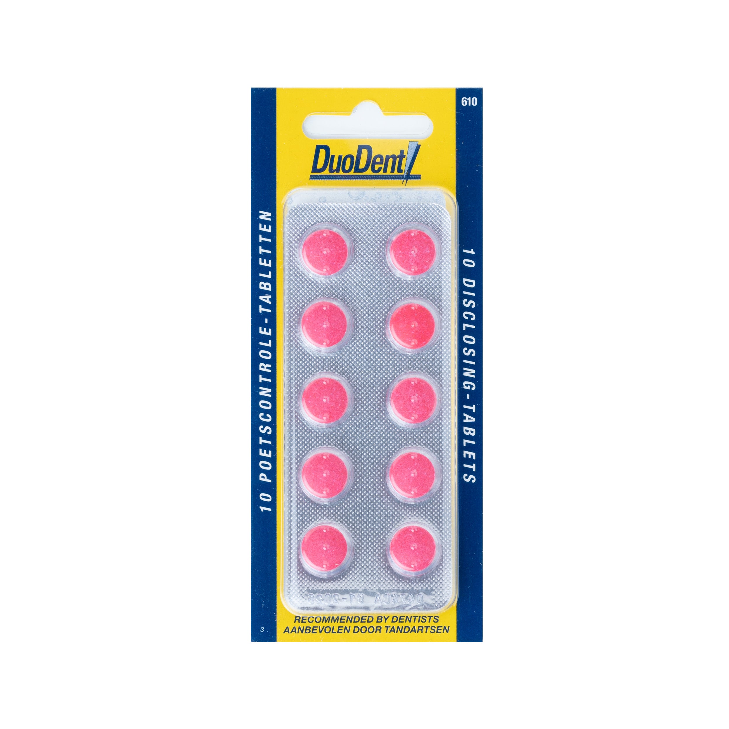 Duodent Poetscontrole 10.00 tablets for oral hygiene and brushing control, showing the packaging and tablets in a close-up shot.