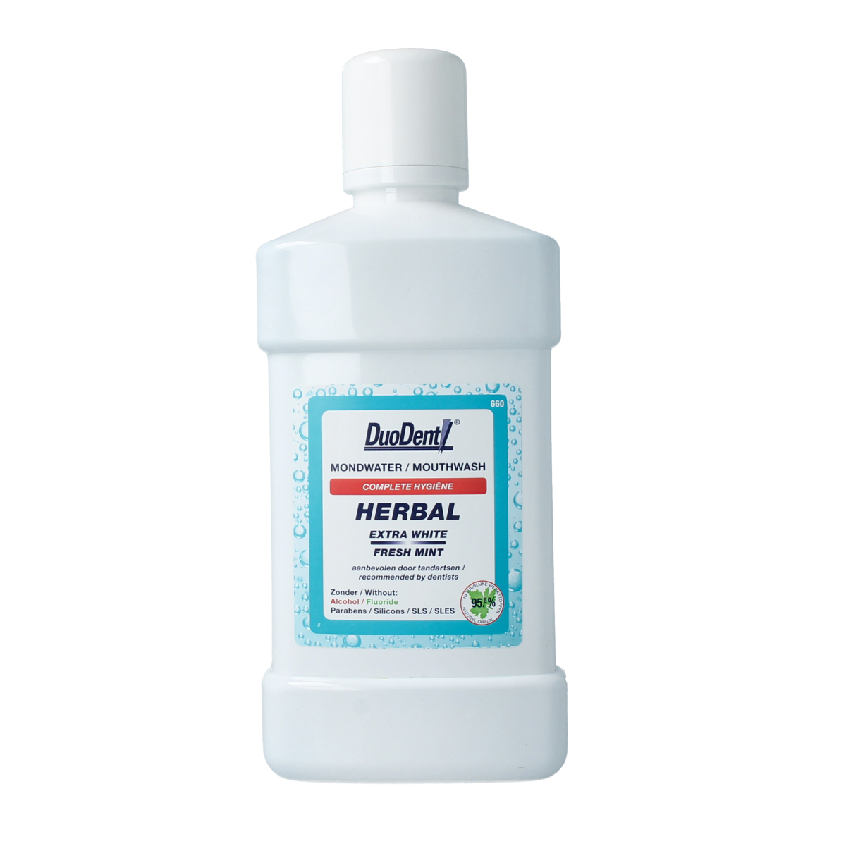 Bottle of Duodent herbal mouthwash, 500ml, in a clear bottle with label, used for oral hygiene and freshening breath.