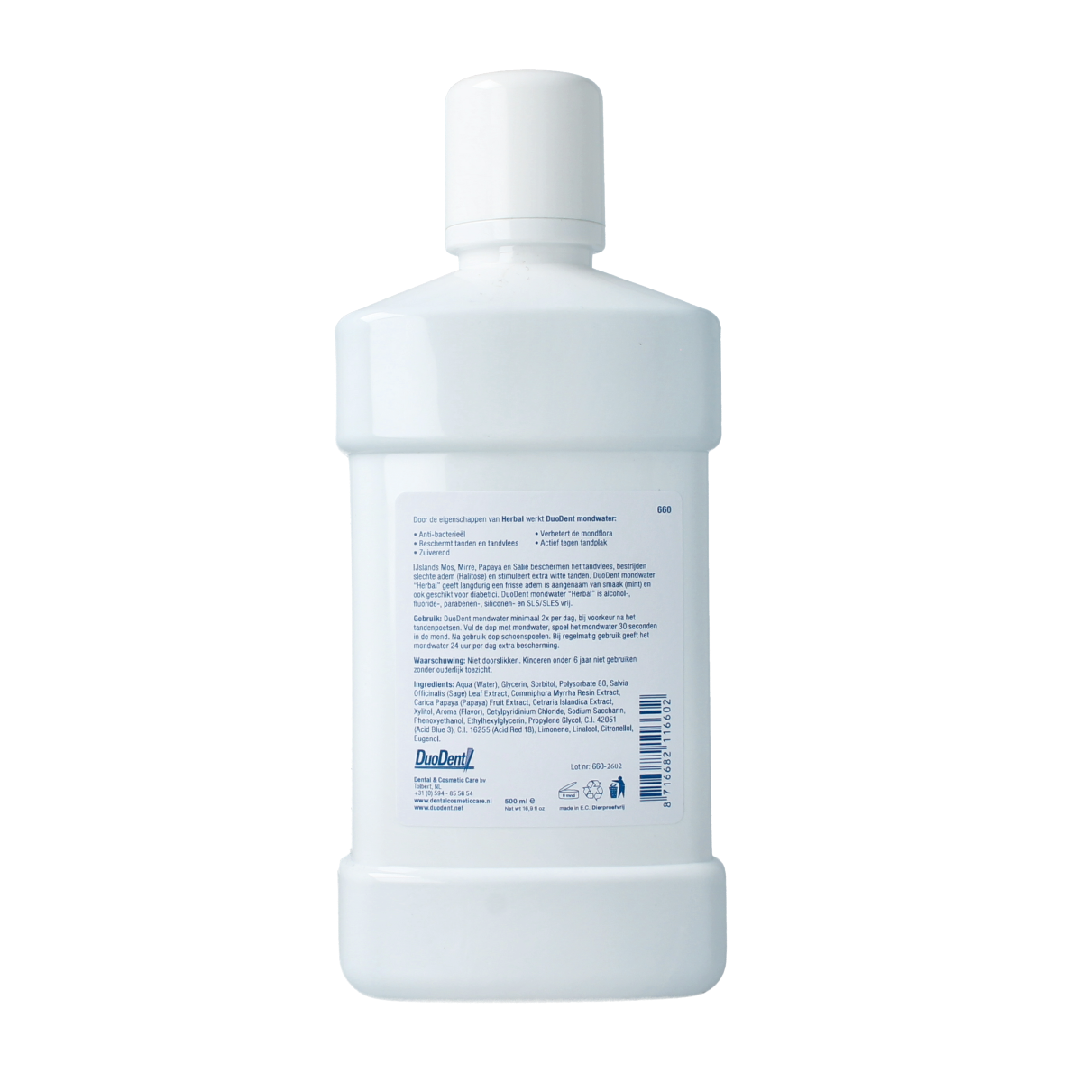 Duodent Mondwater herbal mouth rinse in 500ml bottle, herbal mouthwash for oral hygiene and fresh breath.