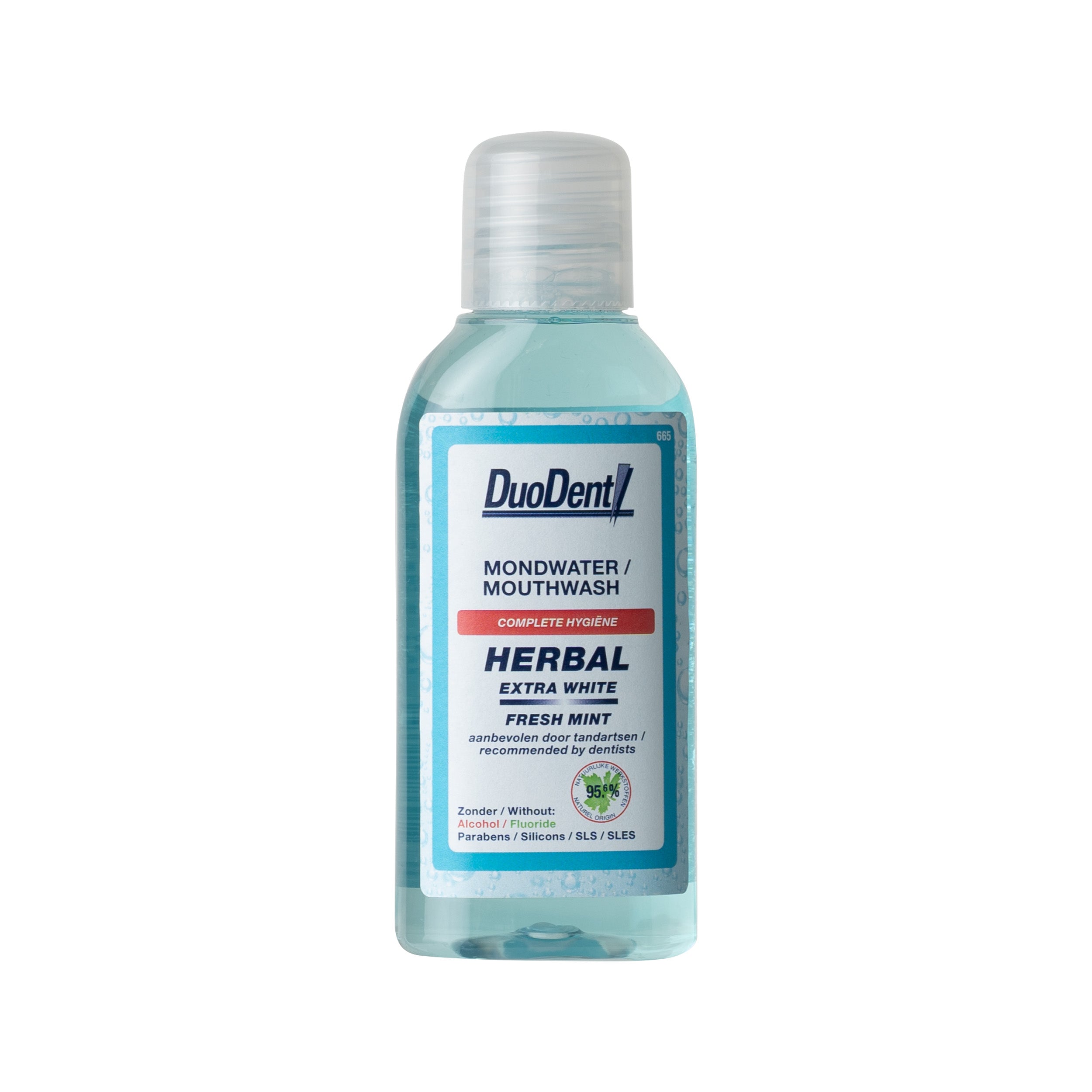 Duodent herbal mouthwash in 100ml bottle, herbal mouth rinse for fresh breath and oral hygiene, branded Duodent Mondwater.