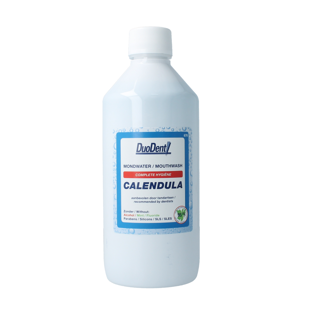 Duodent Mondwater calendula bottle, 500ml, mouthwash containing calendula for oral freshness and soothing relief.