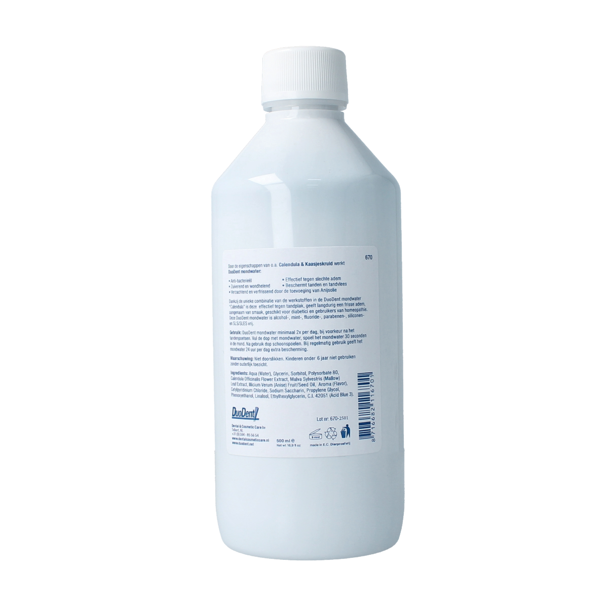 Duodent Mondwater calendula in 500ml bottle, a mouthwash for oral hygiene and fresh breath.