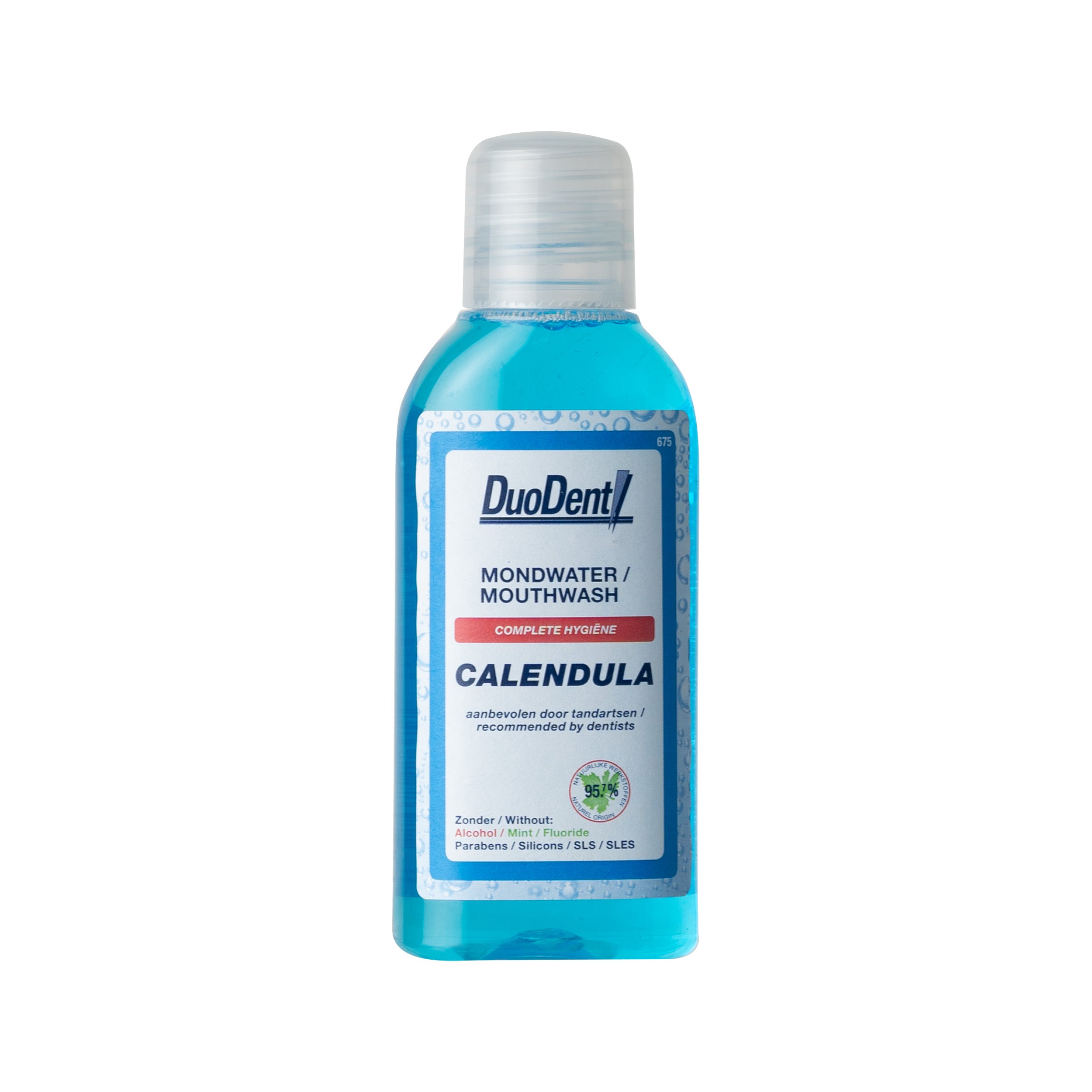 Duodent Mondwater calendula in 100ml bottle, natural mouth rinse with calendula for oral freshness and care.