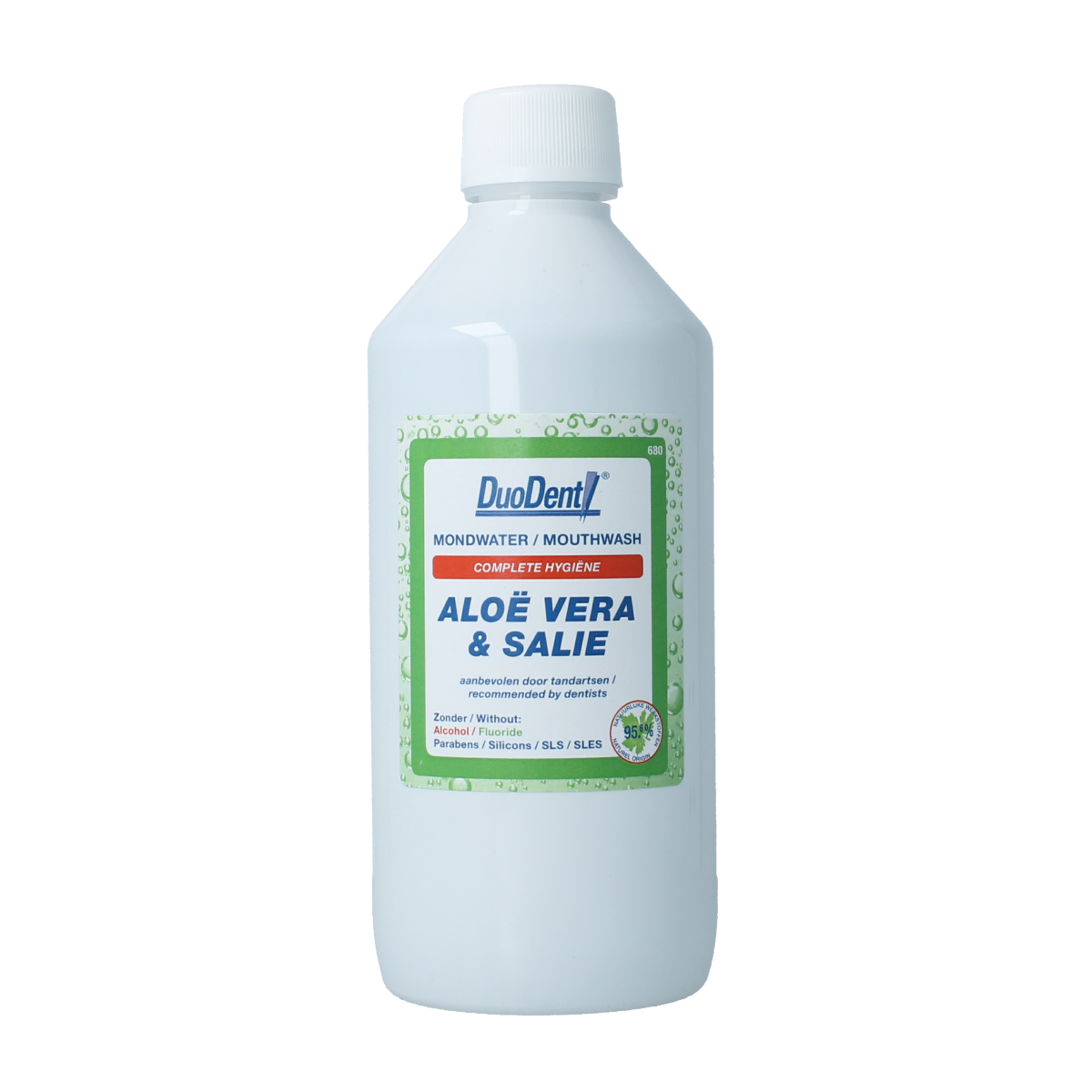 Duodent Mondwater with aloe vera and salie in 500ml bottle, antiseptic mouth rinse for oral freshness and hygiene.
