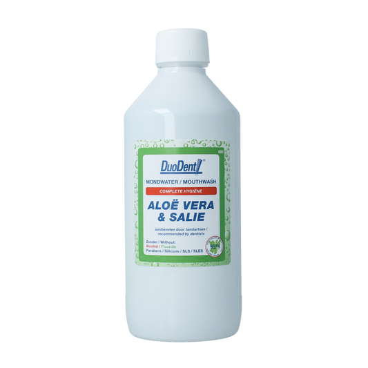 Duodent Mondwater with aloe vera and salie in 500ml bottle, antiseptic mouth rinse for oral freshness and hygiene.