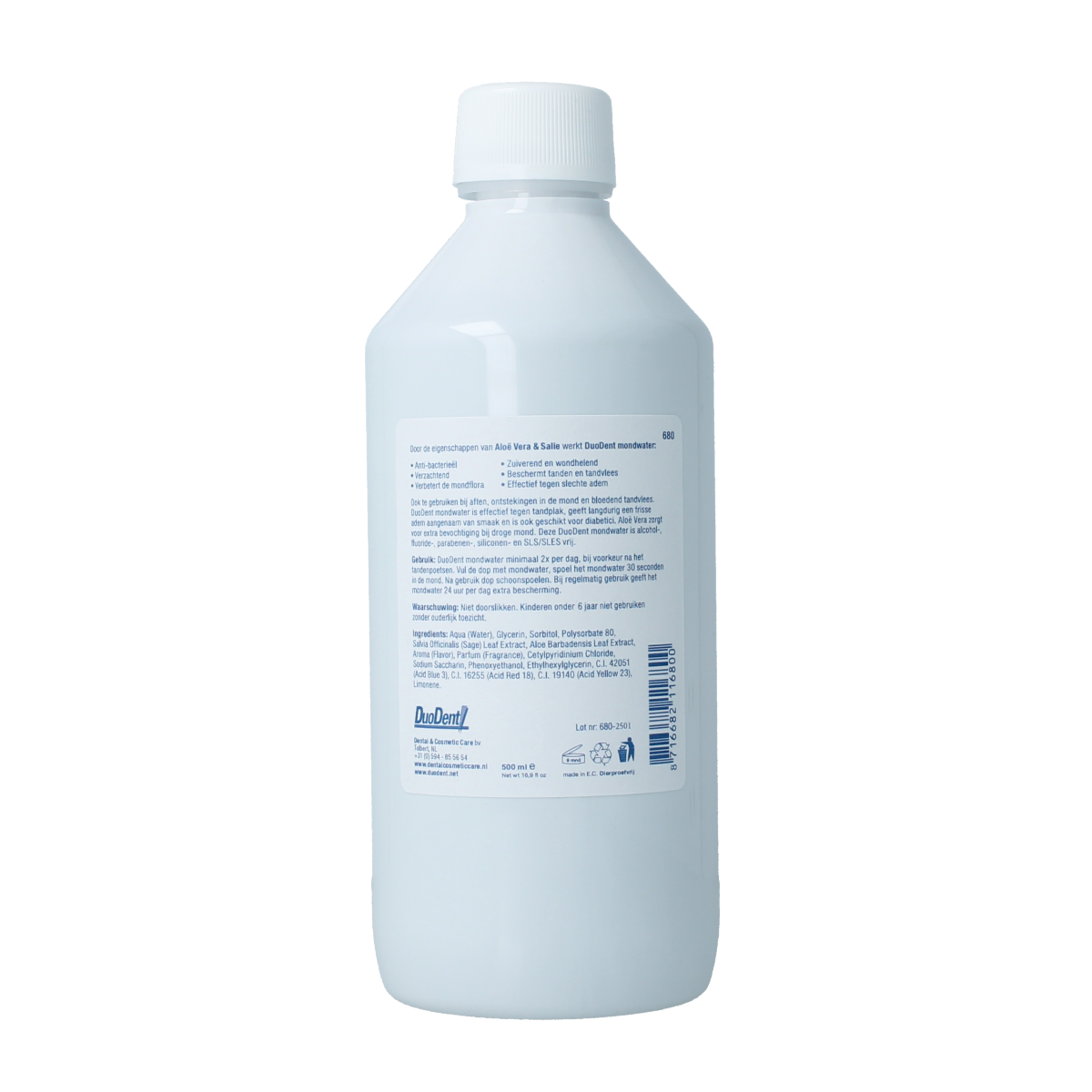 Duodent Mondwasser Aloe Vera and Salie mouthwash bottle, 500ml, for oral freshness and hygiene.