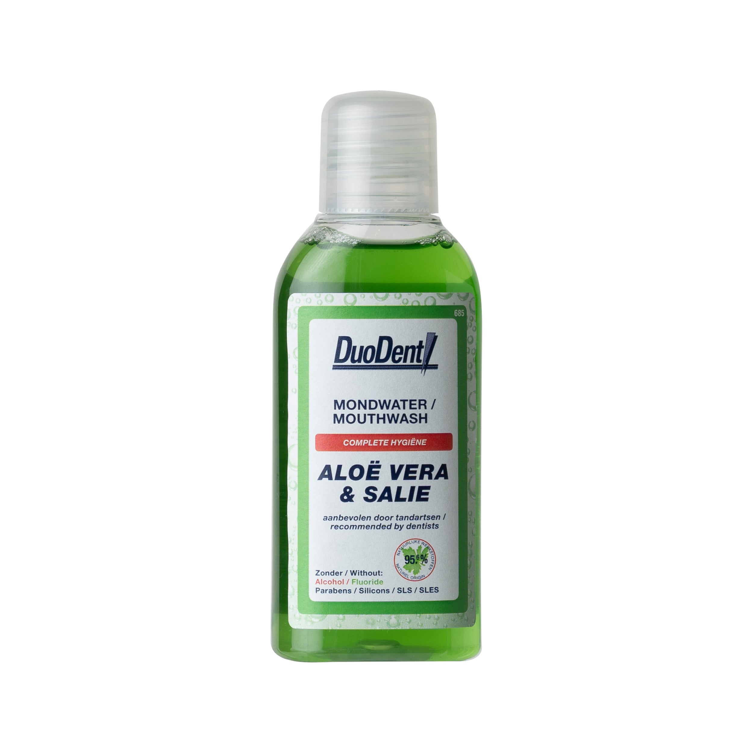 Duodent Mondwater with aloe vera and salie, 100ml, mouth rinse bottle featuring a clear label and cap, for oral freshness and hygiene.