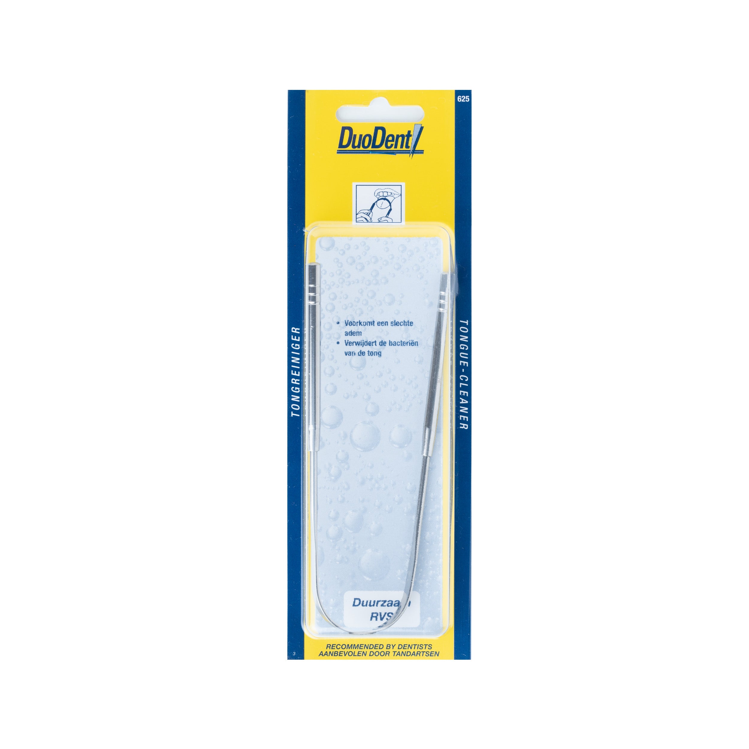Duodent RVS Tongreiniger for oral hygiene and tongue cleaning, stainless steel, single piece, close-up view