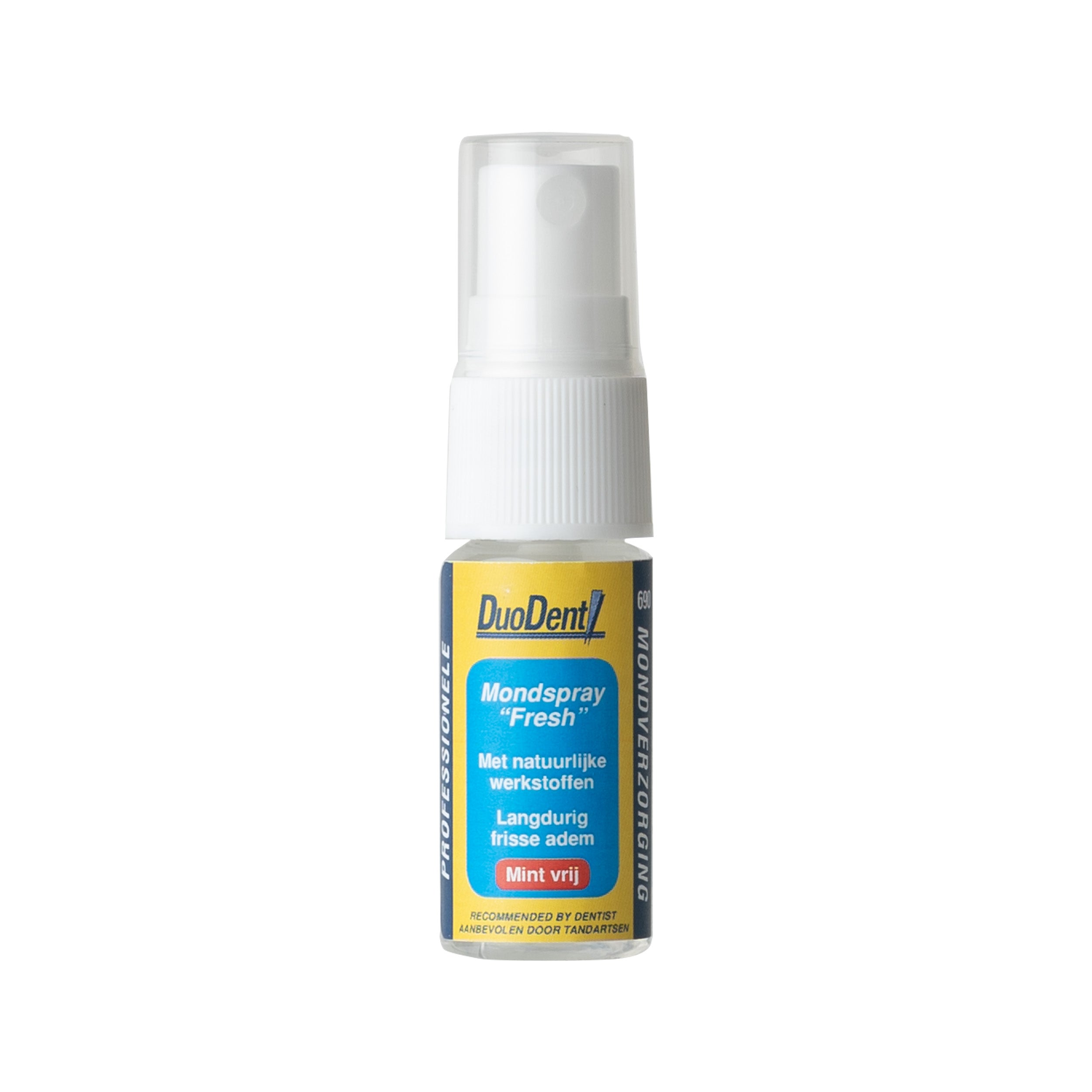 Duodent Fresh Mint Mouth Spray in 11ml bottle, used for oral hygiene and breath freshening, with a natural mint flavor.