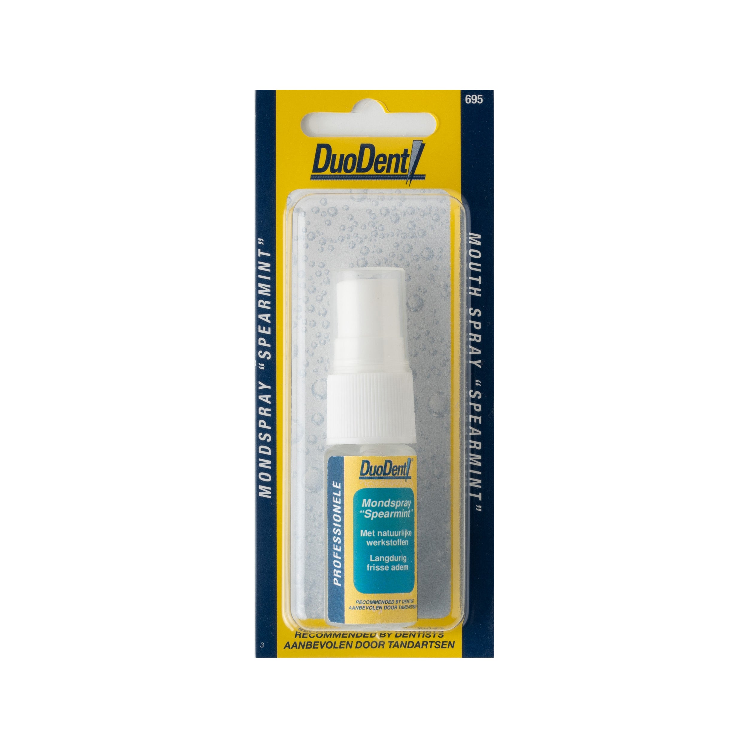 Duodent Spearmint Mondspray for oral hygiene, 11ml, with spray bottle and spearmint flavor, used for mouth freshness and cleaning