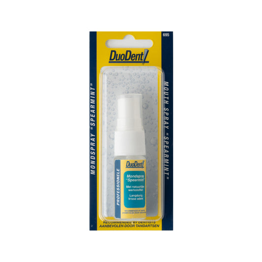 Duodent Spearmint Mondspray for oral hygiene, 11ml, with spray bottle and spearmint flavor, used for mouth freshness and cleaning
