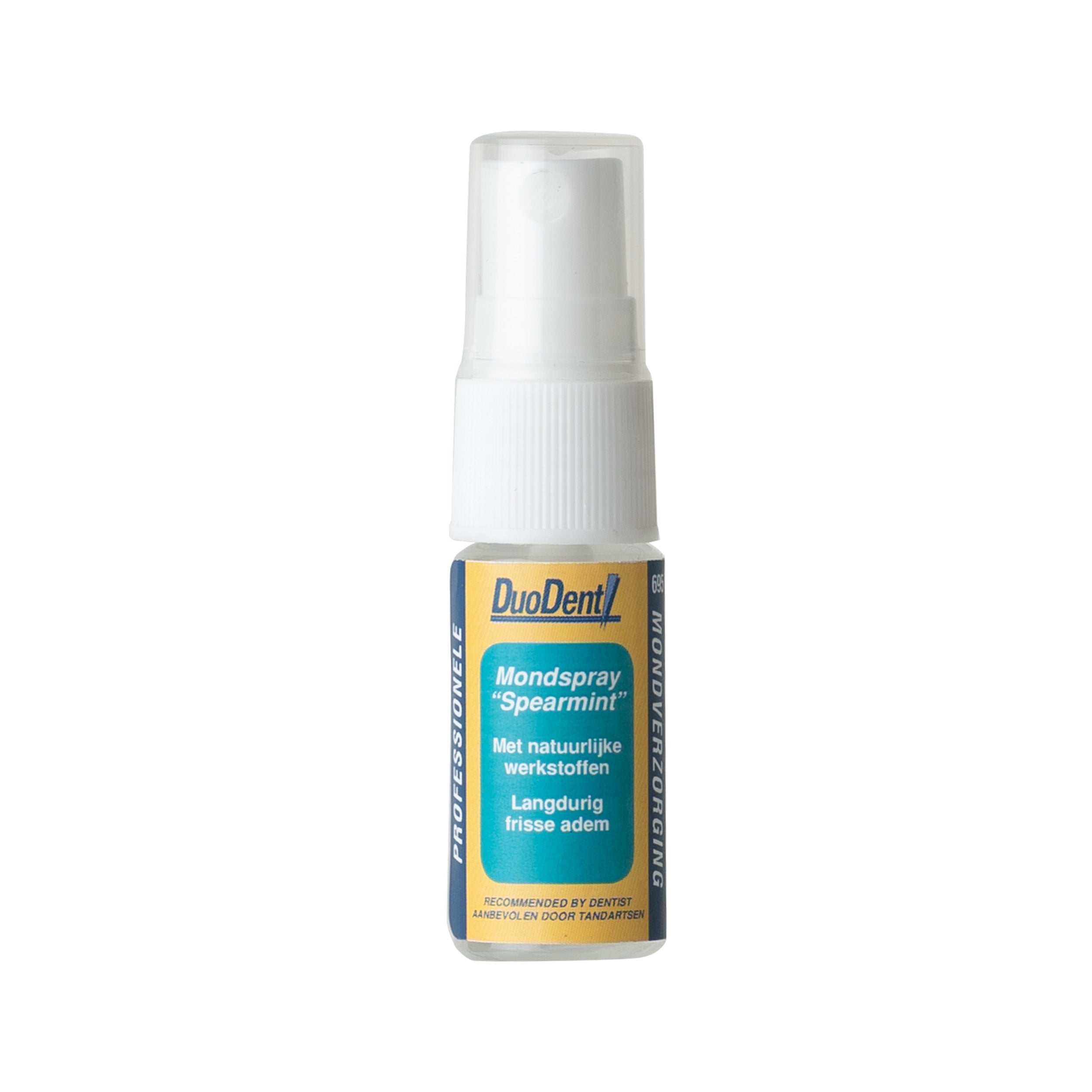 Duodent spearmint mouth spray for oral hygiene and brushing control, 11ml bottle, with a spearmint flavor.