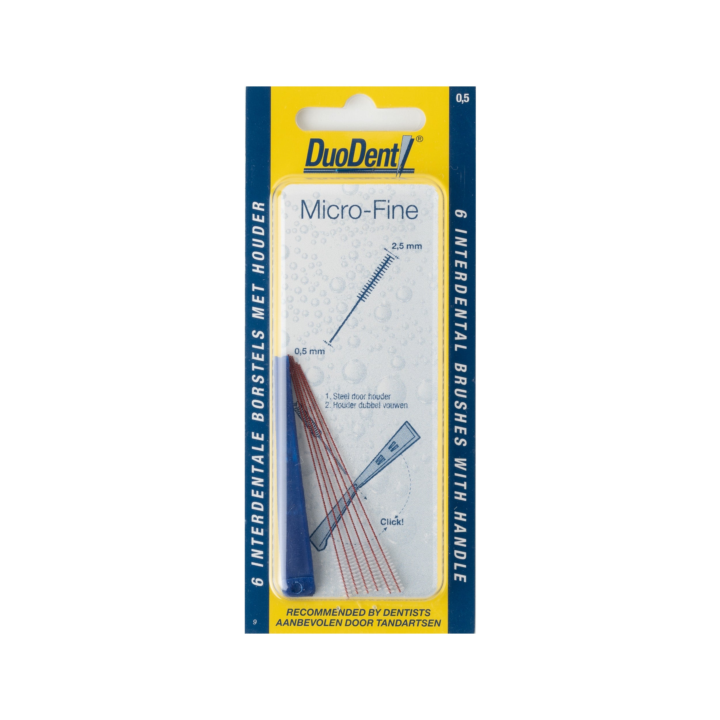 Duodent interdental brush microfine 0.5mm, pack of 6, for cleaning between teeth with precision.