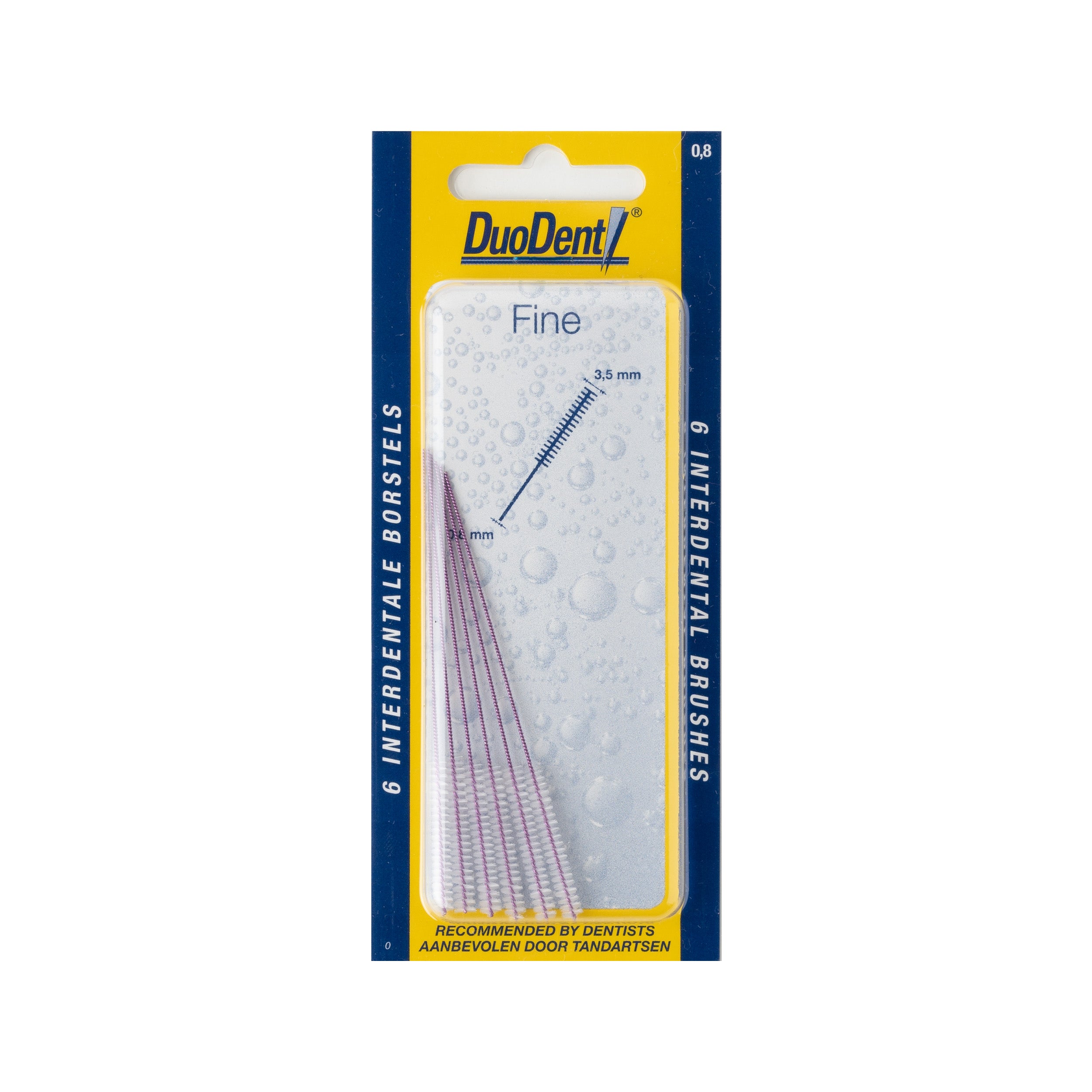 Duodent interdental brush fine 0.8mm, set of 6, for effective cleaning between teeth, from Duodent Tandenstokers en Ragers collection.