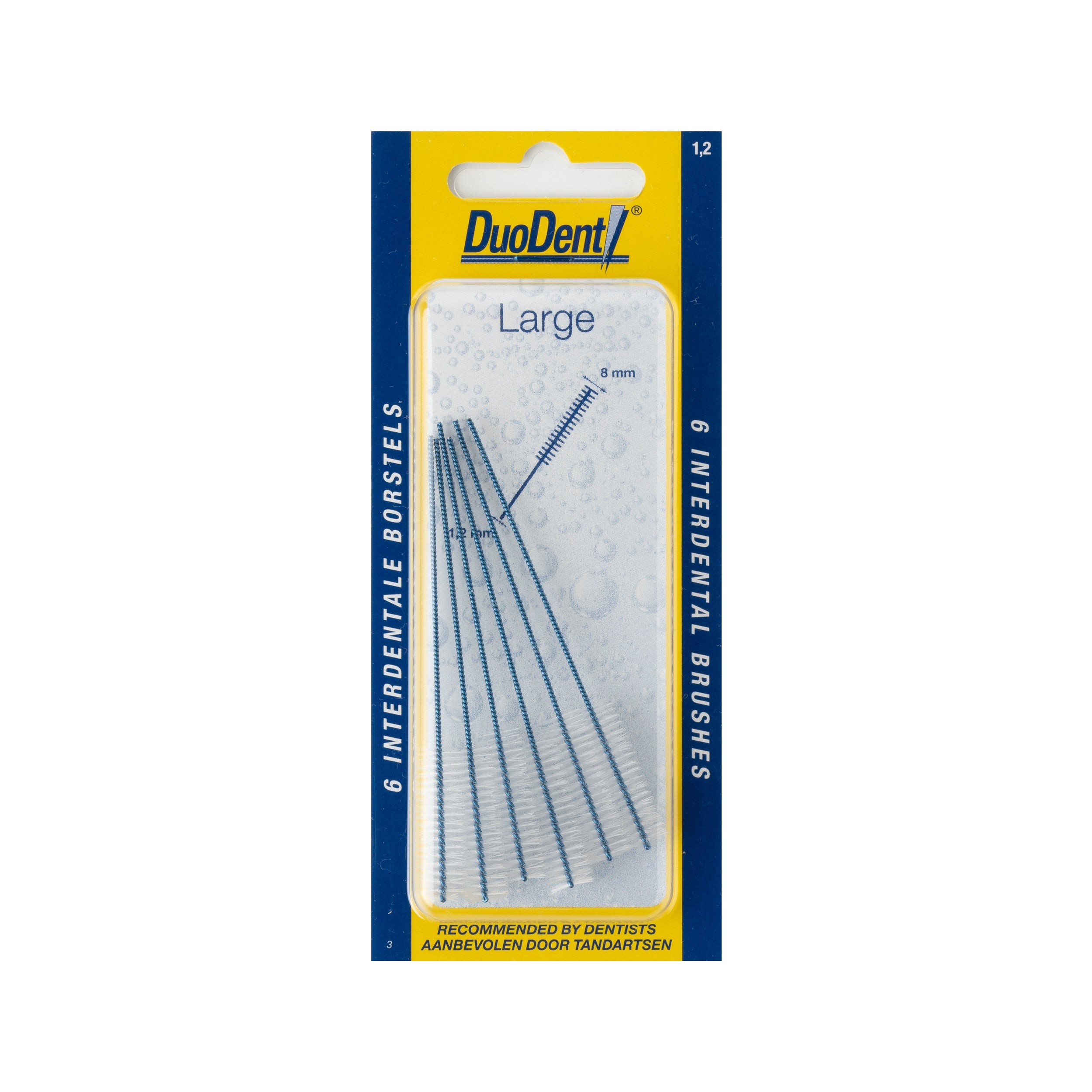 Large Duodent interdental brush 1.2mm, pack of six, for cleaning between teeth with Tandenstokers en Ragers.
