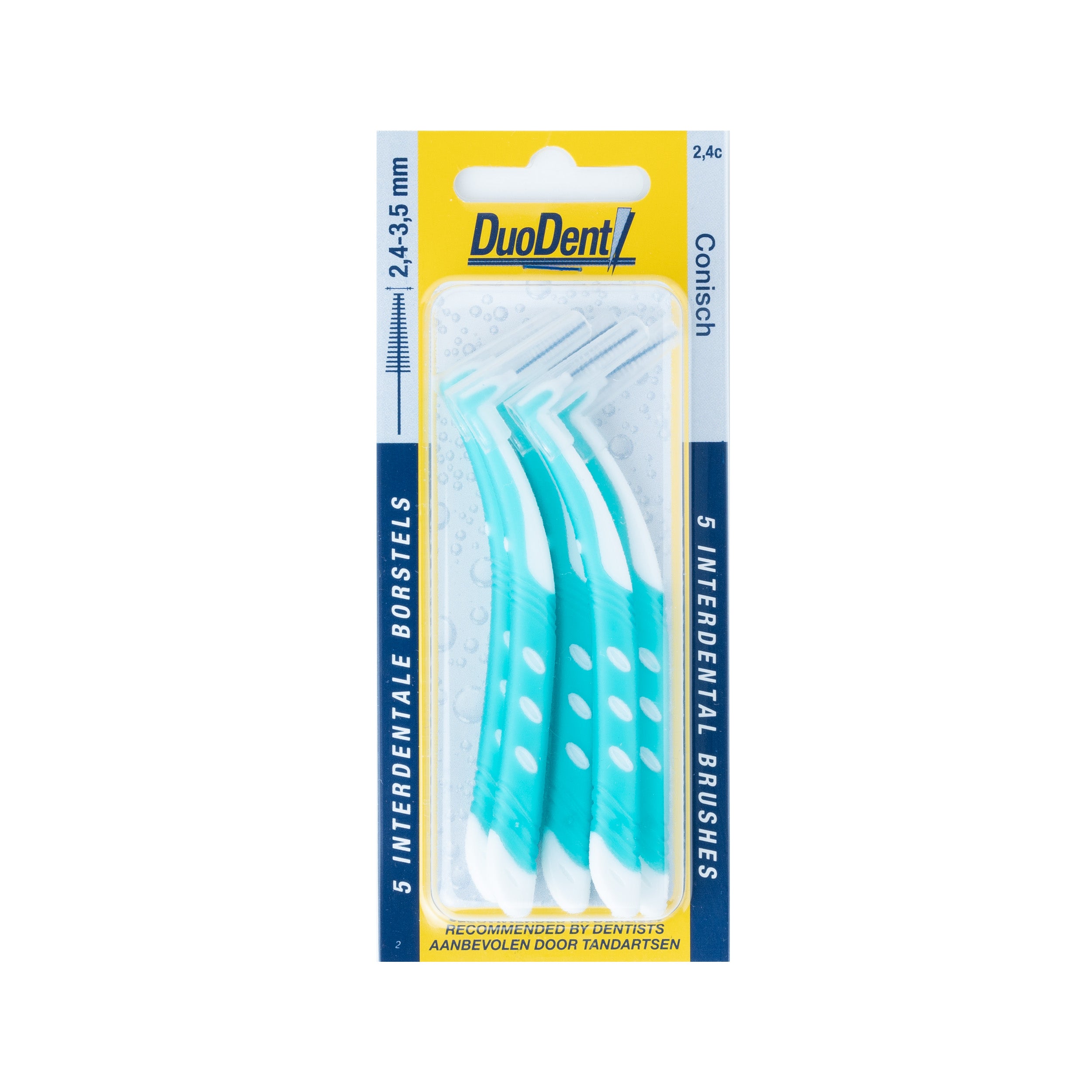 Duodent conical interdental brush with 2.4 cm handle, pack of 5, for cleaning between teeth.