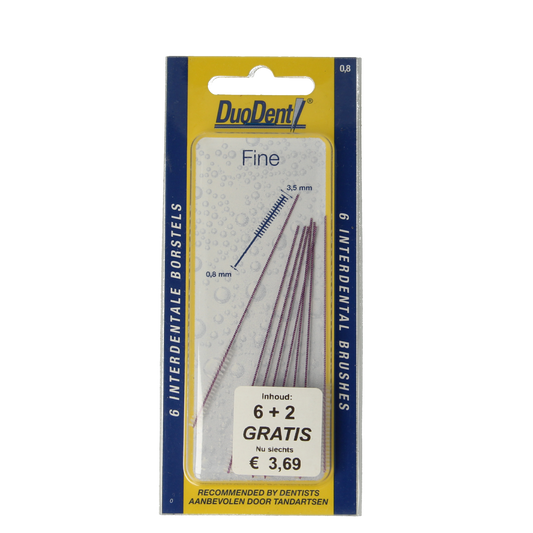 Duodent Interdentale borstels fine, set of 8, for dental cleaning and interdental hygiene, shown in the image.