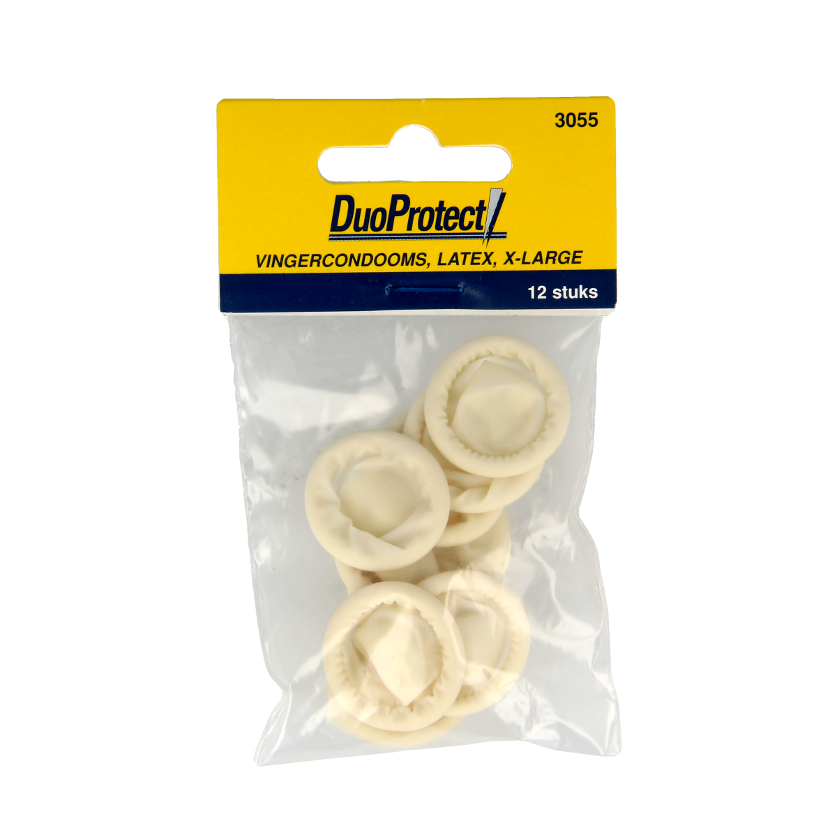 Duoprotect XL condom pack containing 12 latex condoms, shown in a box with the brand logo and packaging details.