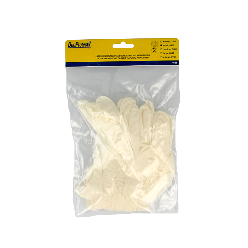 Pair of Duoprotect latex medical gloves in size S, shown in a set of 10, designed for protective healthcare use.