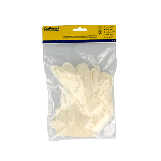 Pair of Duoprotect latex medical gloves in size S, shown in a set of 10, designed for protective healthcare use.