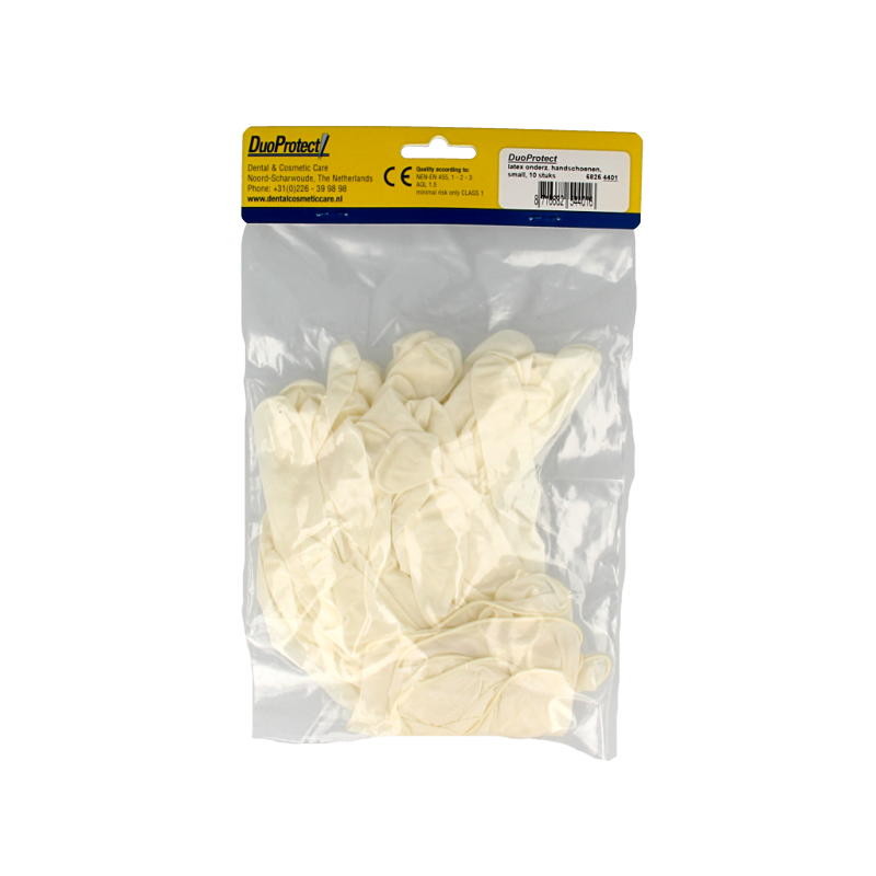 Pair of Duoprotect latex medical gloves in size S, with 10 gloves shown, designed for protective medical use.