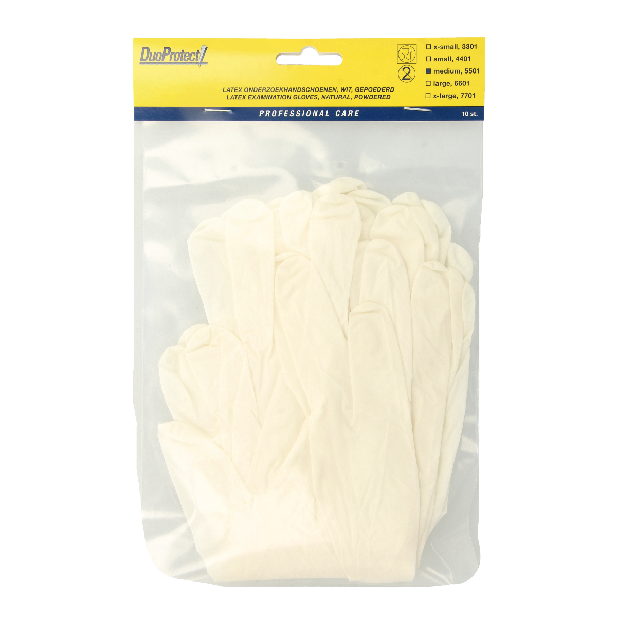 Medium Duoprotect latex medical gloves, pack of 10, protective handwear for healthcare and hygiene purposes.