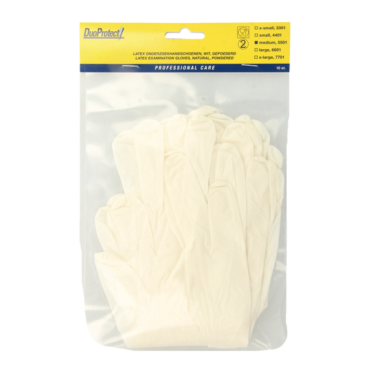Medium Duoprotect latex medical gloves, pack of 10, protective handwear for healthcare and hygiene purposes.