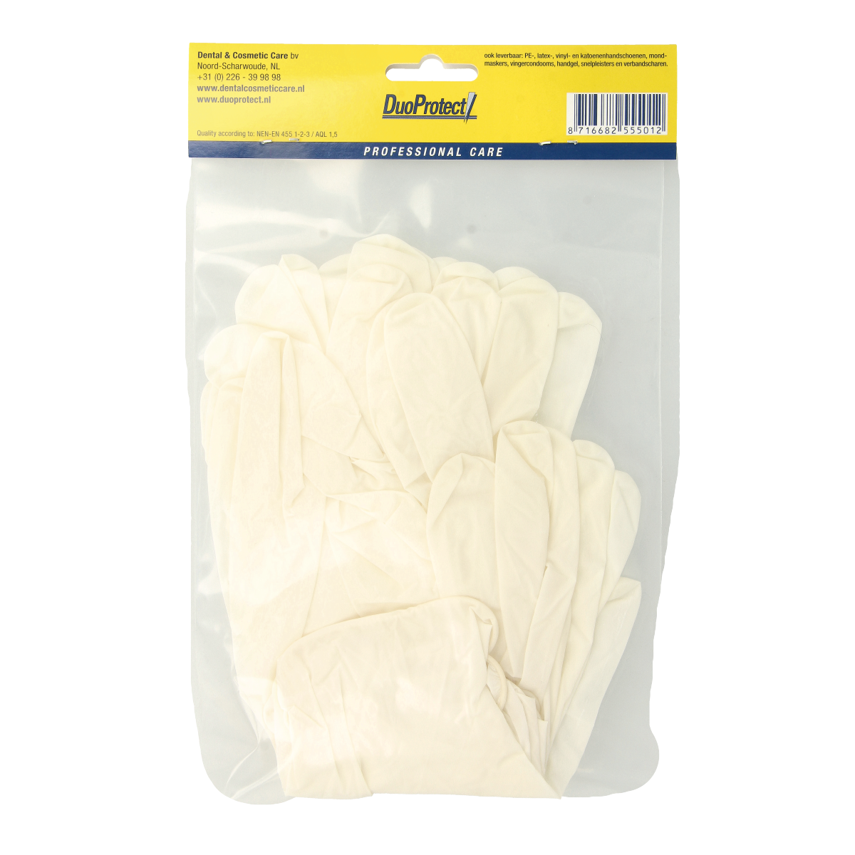 Medium Duoprotect latex medical gloves, protective hand gloves for healthcare, shown in a box of 10 pairs.