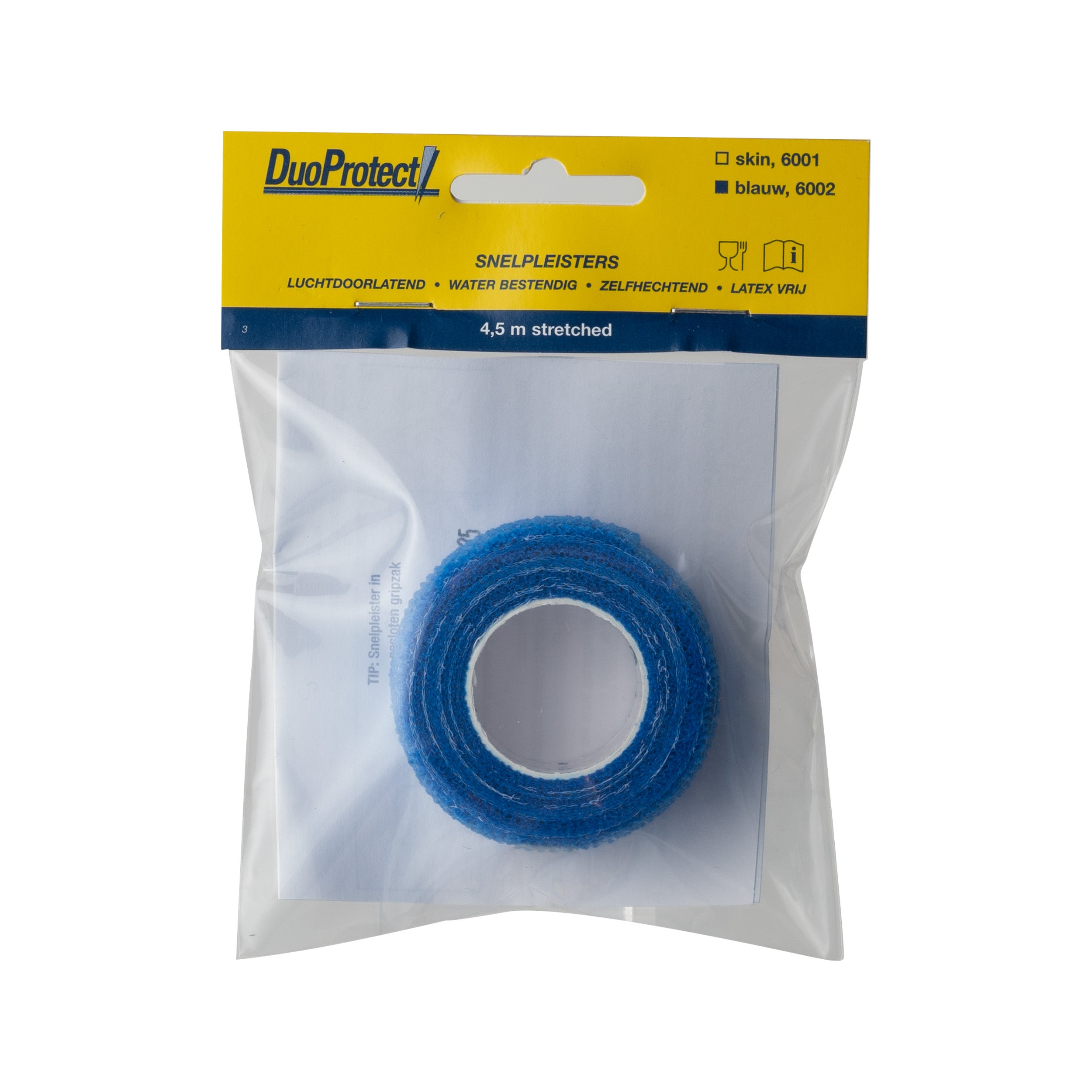 Blue Duoprotect Snelpleisters in a roll, adhesive bandages for quick first aid, by Duoprotect, shown in the image.