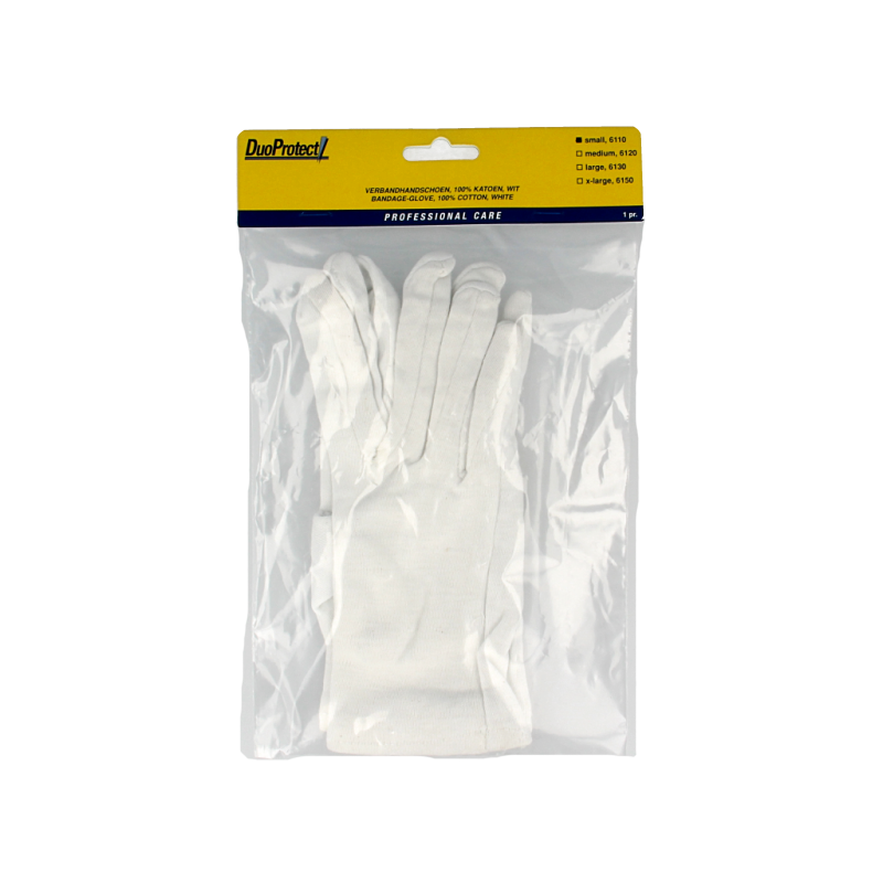 Pair of Duoprotect cotton gloves in size S, featuring soft fabric and snug fit, shown on a white background.