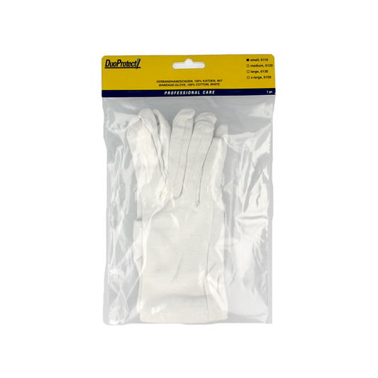 Pair of Duoprotect cotton gloves in size S, featuring soft fabric and snug fit, shown on a white background.