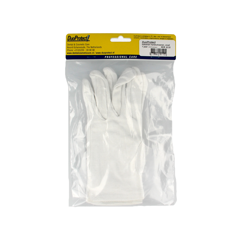 Pair of Duoprotect cotton gloves in size S, showing soft white fabric and fitted design for hand protection.