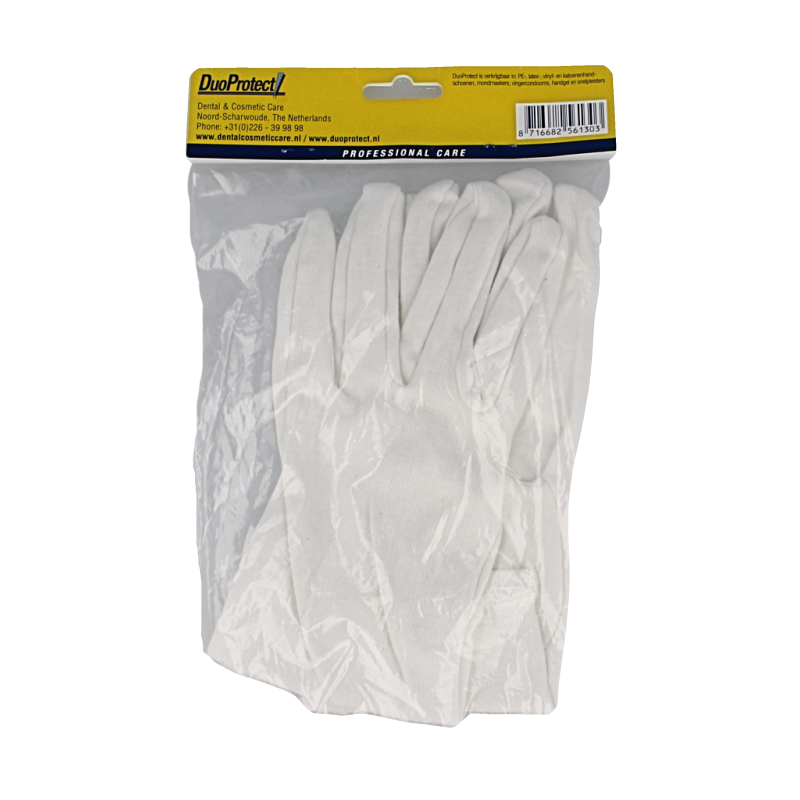 Duoprotect katoen huishoudhandschoenen maat L, 1 paar, lightweight white cotton cleaning gloves showing textured palms