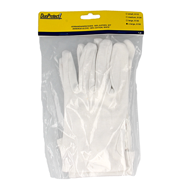 Duoprotect katoen huishoudhandschoenen in maat XL, 1 paar, showing white cotton gloves suitable for household cleaning tasks.