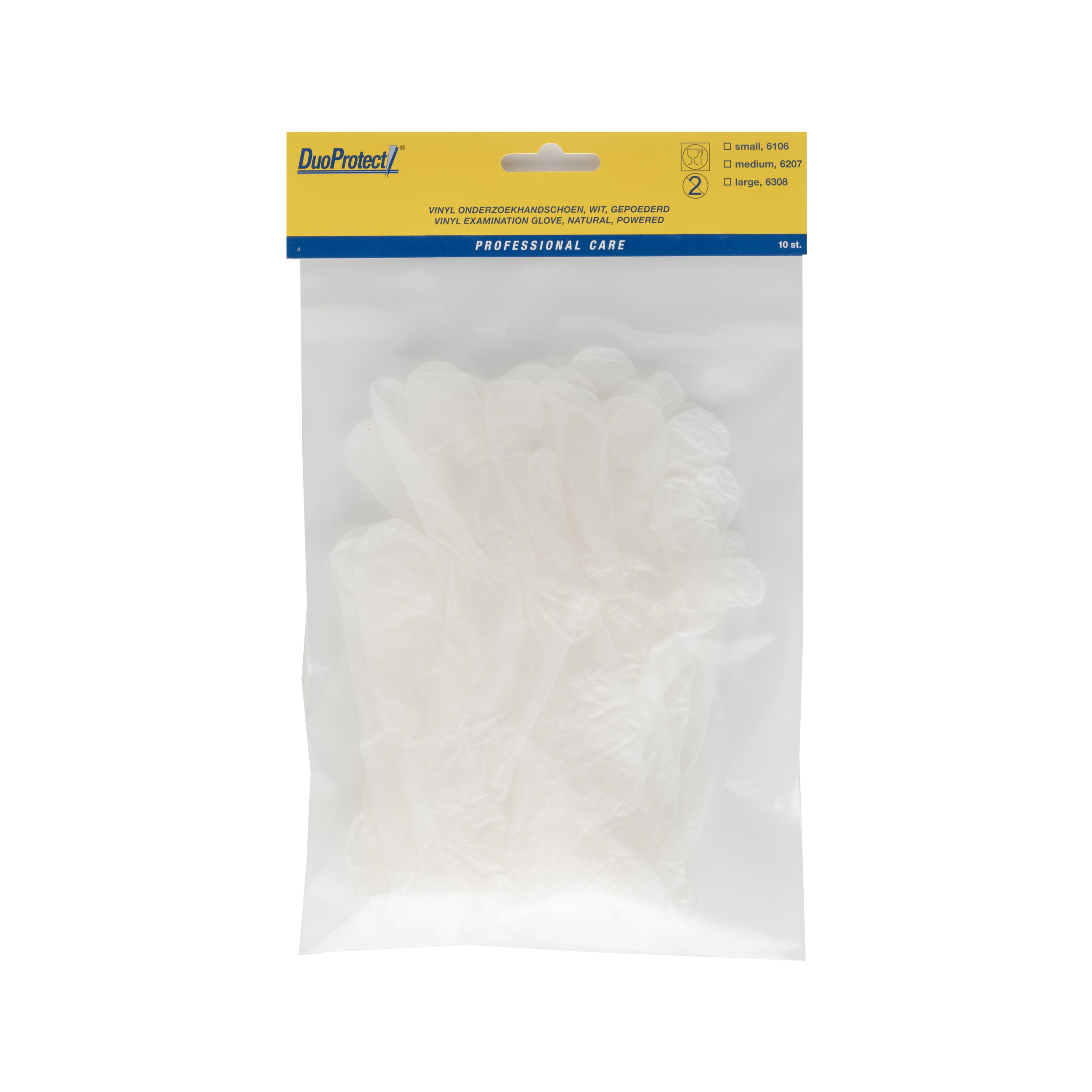 Large Duoprotect vinyl medical gloves, set of 10, protective handwear for healthcare and safety use.