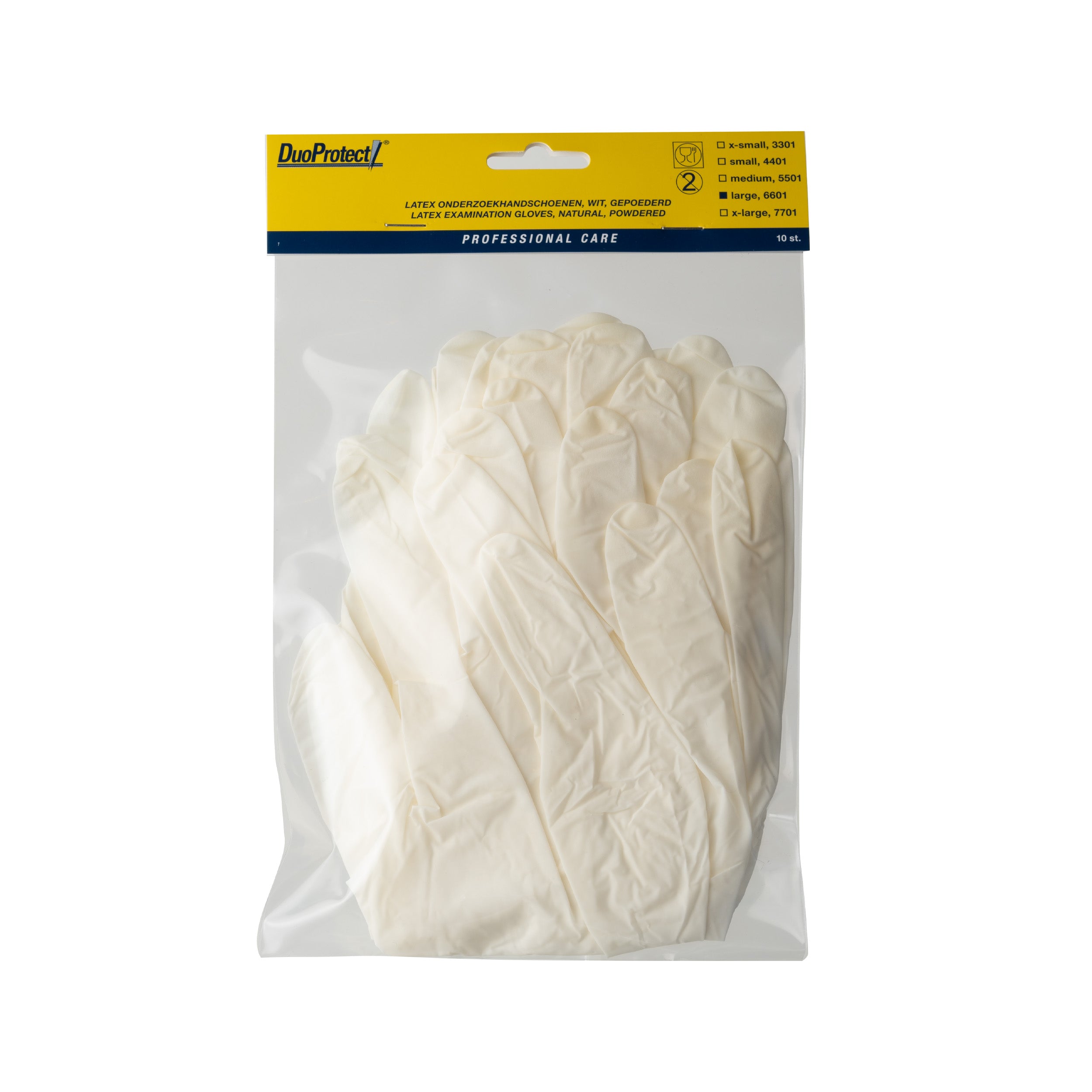 Pair of large Duoprotect latex medical gloves, 10-pack, showing the textured surface and flexible fit for protective healthcare use.