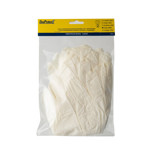 Pair of large Duoprotect latex medical gloves, 10-pack, showing the textured surface and flexible fit for protective healthcare use.