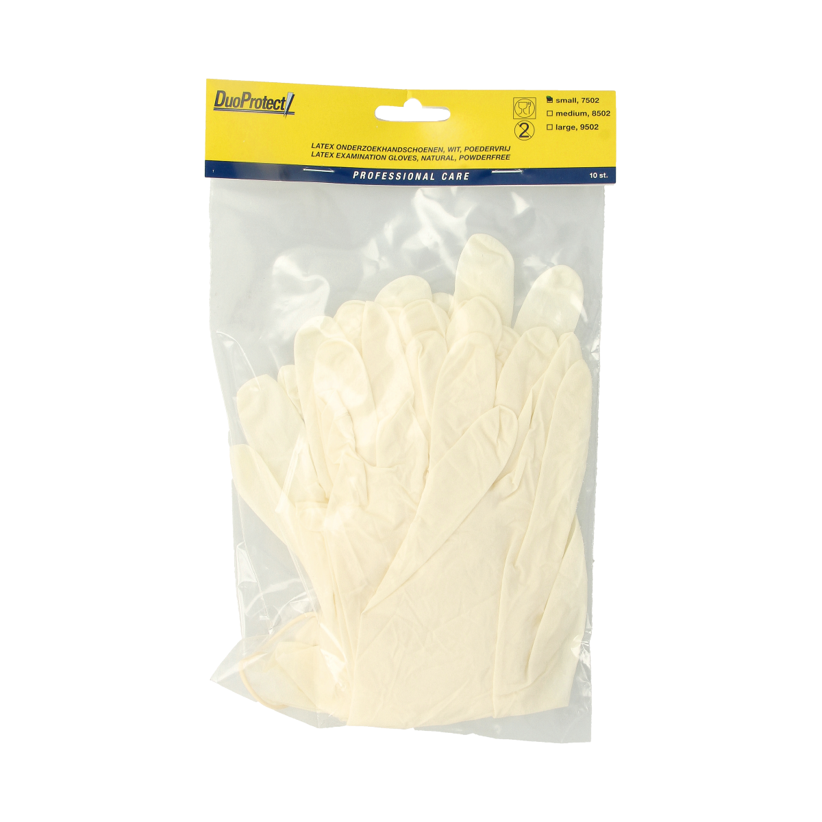 Duoprotect latex powder-free medical gloves in size S, pack of 10, designed for protective healthcare use.