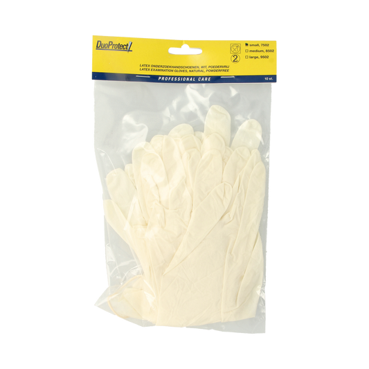 Duoprotect latex powder-free medical gloves in size S, pack of 10, designed for protective healthcare use.