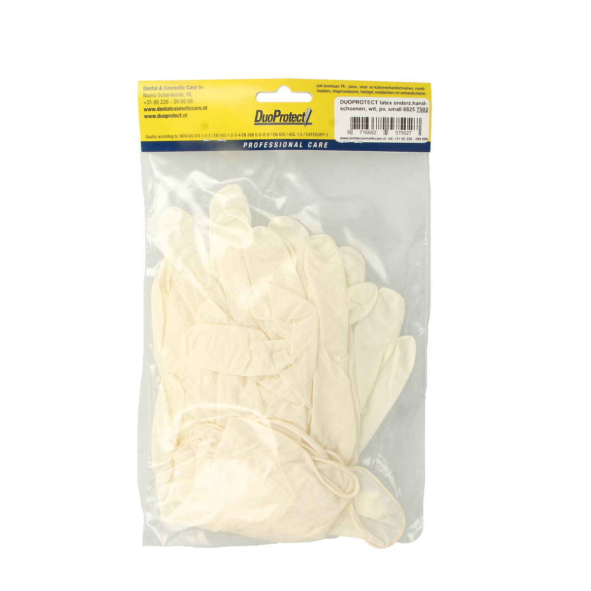 Duoprotect latex powder-free medical gloves in size S, shown in a pack of 10 for protective healthcare use.