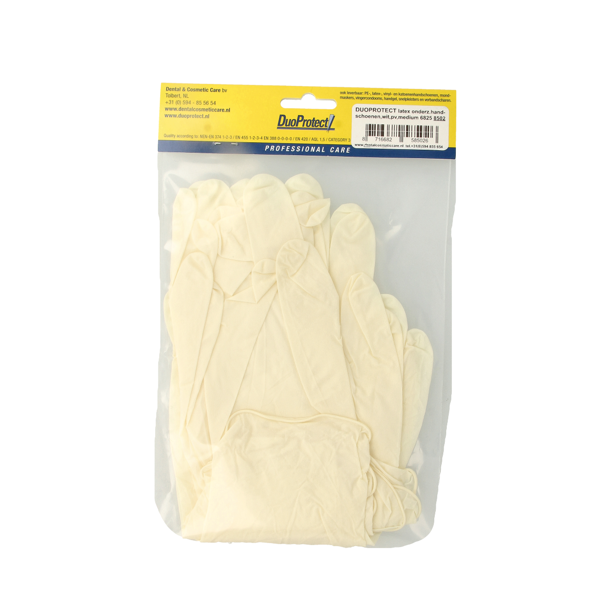 Pair of Duoprotect latex powder-free medical gloves in medium size, shown in a stack with packaging.