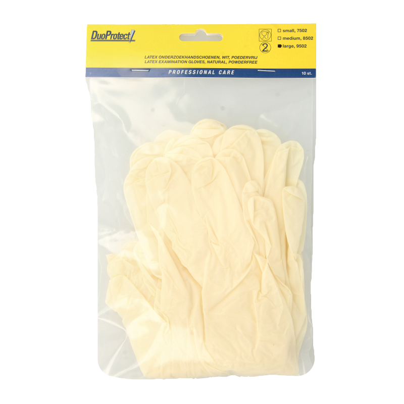 Pair of Duoprotect large latex powder-free medical gloves, 10-pack, for protective hand coverage in healthcare settings.