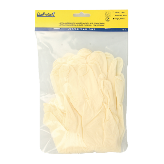 Pair of Duoprotect large latex powder-free medical gloves, 10-pack, for protective hand coverage in healthcare settings.